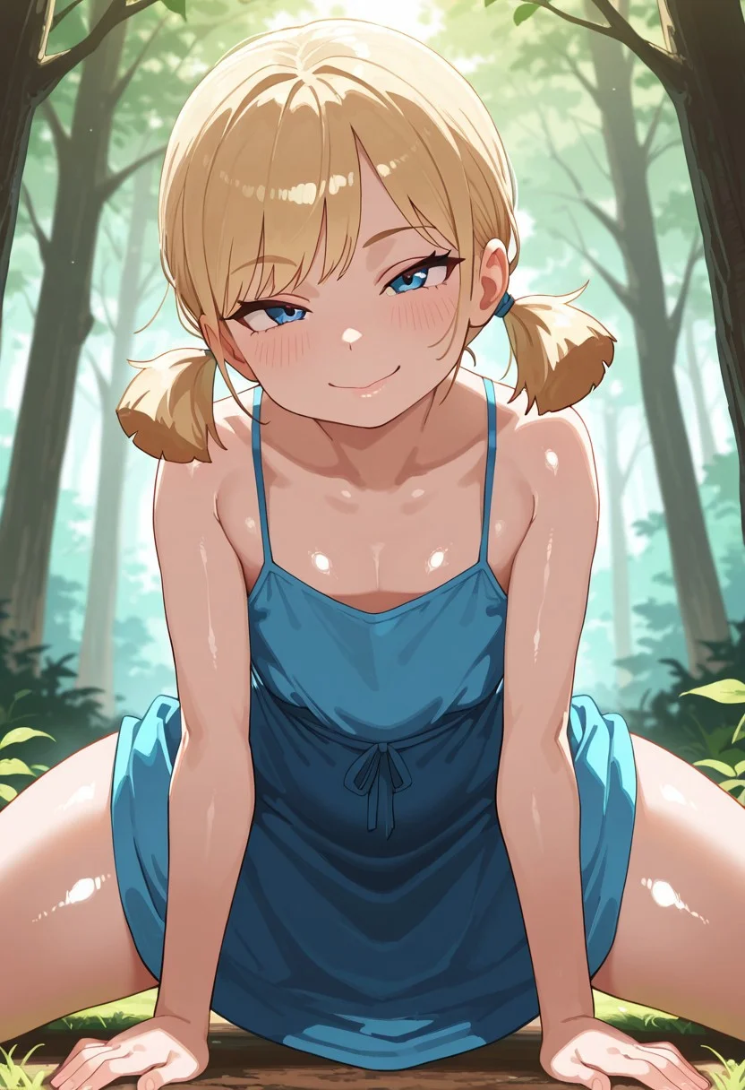 (masterpiece, detailed:1.2), lazypos, Smooth_Quality, milf, mommy, shortstack, best quality, flat chest, curvy body, thick thighs, large hips, big ass, female, blonde hair, pigtails, solo, alone, (((dress))), ((forest, detailed background)), BREAK, ((seductive expression)), ((sexy pose, on all fours, leaning forward, spread legs)), (((cowboy shot))), shiny skin, textless, breadcatta