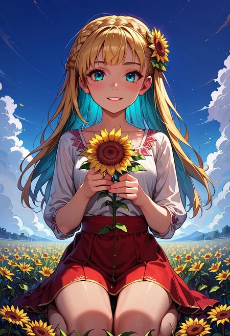 score_9_up, score_8_up, score_7_up, score_6_up, 1girl, 25 years old, perfect face, cute, petite,
cyan eyes,
multicolored hair, colored inner hair, blonde hair, cyan hair, crown braid, long hair, sunflower hair ornament,
Vyshyvanka, Ukrainian embroidered shirt, embroidered shirt, white shirt,
red skirt,
sunflower field, sunflower, yellow flower, flower field, field, sky,
sitting, kneeling, holding flower