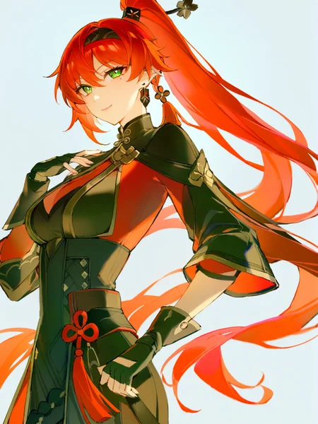 1girl,
yinlin \(wuthering waves\),
solo, long hair, high ponytail, low ponytail, green eyes, hair between eyes, mole under eye, closed mouth, tassel, jewelry, mole, gloves, dress, very long hair, black dress, red hair, earrings, white hair, tassel earrings, ponytail, from side, smile, upper body, looking at viewer, black gloves, cropped torso, simple background, long sleeves, white background, single earring, fingerless gloves,
masterpiece, best quality, safe
<lora:mki-ani3-yinlin-v1:1> <lora:mki-ani31-blackmeow-v1-000120:1>
