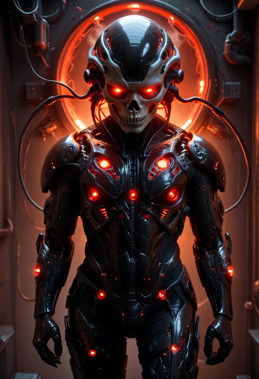 score_9, score_8_up, score_7_up, (1male), BExoS, science fiction, glowing eyes, cyborg, humanoid robot, wires, black skull helmet, red glowing eyes, looking at viewer, standing, head and thigh focus), (photorealistic), (masterpiece), (demonic picture),