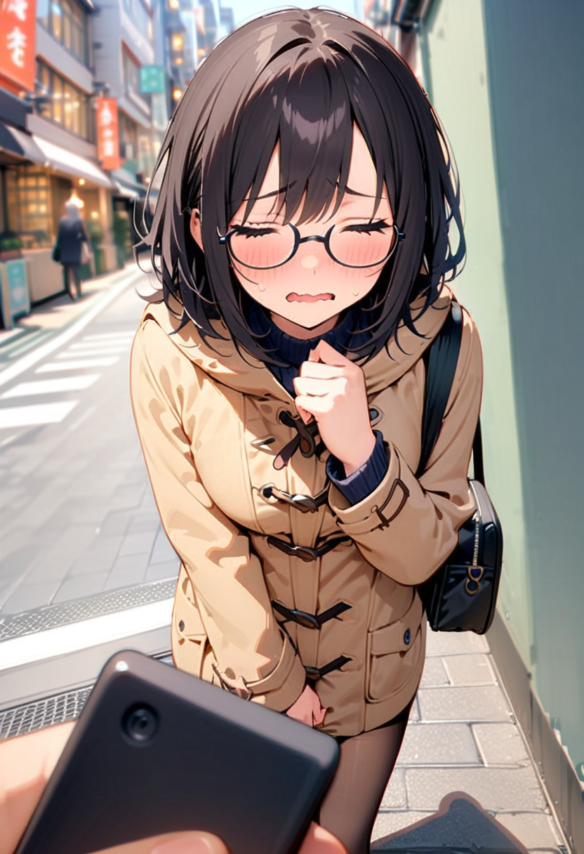 masterpiece, best quality, very aesthetic, absurdres,
1girl, solo, glasses, black hair, medium hair, medium breasts, duffle coat, black bag, embarrassed, closed eyes, wavy mouth, embarrassed, looking at viewer, own hands together, street, cityscape, 
remote controller, holding, pov, fingernails, simple background, 
 <lora:remocon_SDXL_V2:0.8>