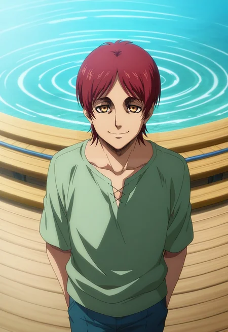masterpiece, best quality, anime screencap, anime coloring, official style, intricate details, looking at viewer, 1boy, male focus, 1boy, akabane karma, red hair, mercury eyes, mischievous smile, solo, floating market, wooden boats, colorful awnings, water ripples, bargaining pose, friendly smile, early morning, <lora:shingeki_no_kyojin_s4_style_ilxl:1>, shingeki_no_kyojin_s4_style