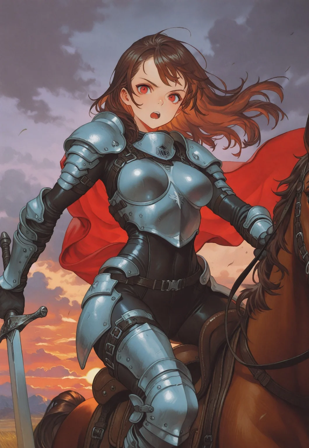 masterpiece, best quality, very aesthetic, absurdres,
cowboy shot, 1girl, solo,
rookie trooper, red eyes, brown hair, long hair, medium breasts,
armor, red cape, pauldrons, boobplate, black bodysuit, long sleeves, vambraces, faulds, thigh belt, poleyn, greaves, knee boots,
holding sword,
horseback riding, brown horse, saddle, reins, looking at viewer, serious, open mouth, charging forward,
outdoors, cloudy sky, sunset, wind,
oygilmb
rakugakingu
bdbgil