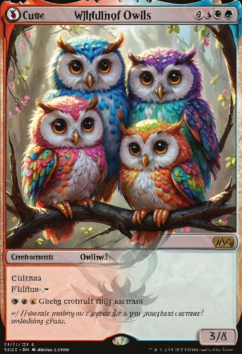 mtg card 3 cute colorful fluffy owls sitting on a branch advntr mtg
