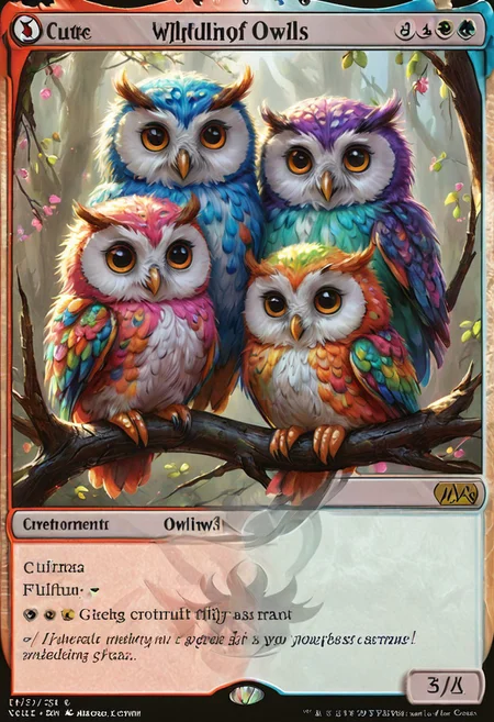 mtg card 3 cute colorful fluffy owls sitting on a branch advntr mtg