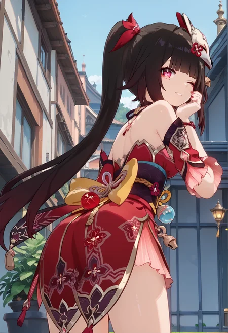 score_9, score_8_up, score_7_up, BREAK source_anime, masterpiece, anime screencap, shiny skin,
1girl, solo,
smile, one eye closed ,
cowboy shot ,
from below,
female focus,
attractive ,
looking back,
hand on own face,
leaning forward,
srsparkle,
outdoors,
<lora:srsparkle.pony:1>