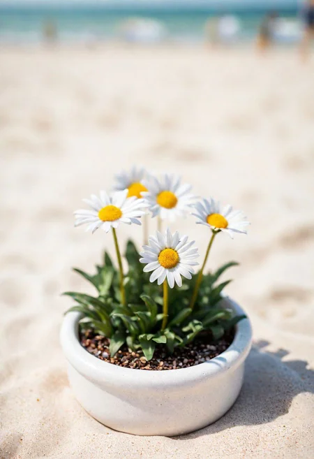 Bavarian ([Daisy:Daisies:2]:1.2) , Ceramic and Groovy, Rule of Thirds, Geeky beach, Hazy conditions, soft focus, Suffering, hard light, 50mm, professional, (sfw:1.1) <lora:picxer_real:0.8>