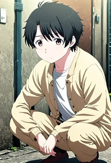 high resolution, solo, best quality, 1Boy, Inaho Kaizuka, Black Hair, lofi, candid, squat, depth of field, photo model, looking at viewer, OverallDetail