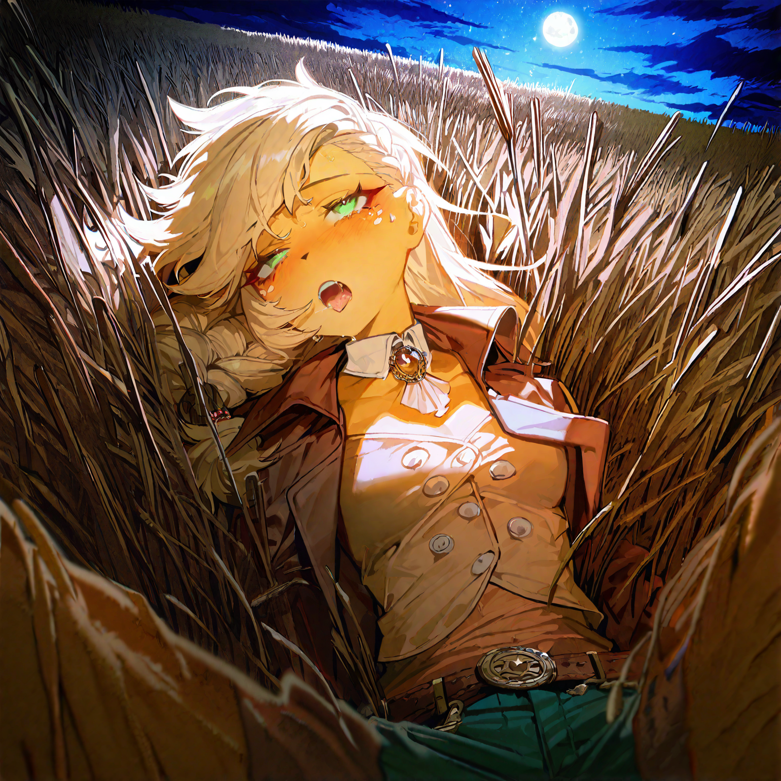 applejack , 1girl, blonde_hair , cloud ,colored_skin, furry, furry_female, long_hair,orange_skin ,outdoors, personification , solo, , wheat_field,Straw ,dot_nose, freckles, green_eyes , medium breast,night, moon,  deep night, galaxy,
green_pants, jacket,long_hair, official_alternate_costume, open_jacket, pants, single_braid, yellow_shirt,adapted_costume , braid ,brooch ,brown_belt, brown_jacket, buttons,detached_collar, knee_boots,
, pov, looking at viewer, lying, tongue ,tongue_out , open mouth, saliva,saliva_trail ,saliva_drip ,on back, suggestive_fluid, blush, rolling eye,
rella, rolua,  quasarcake:0.8, negative space,  very awa,
masterpiece, best quality, Good quality, very aesthetic, absurdres, newest, (Perfect details),
<lora:ponyv5_noobV065S_1_adamW:0.8>, <lora:illustrious_noobai_epsilon_pred_1_best_quality_v1:0.7> ,<lora:illustrious_noobai_epsilon_pred_11_very_aesthetic_v1:0.7> ,<lora:illustrious_noobai_epsilon_pred_1_masterpieces_v1:0.7> , <lora:Straw_thread:1>