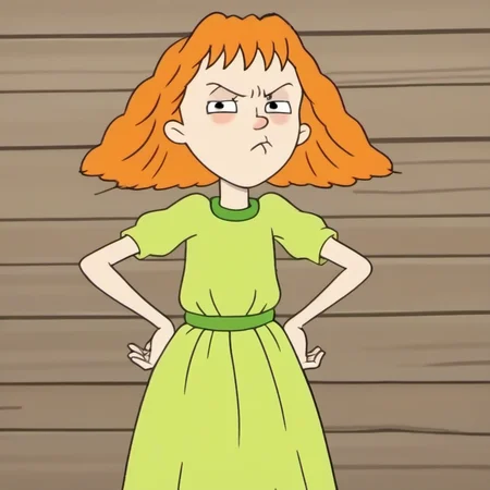 1girl, solo, sours1, dress, orange hair, pout, looking at viewer hands,  on hips, shoes, green dress, standing, <lora:sours1:1>,