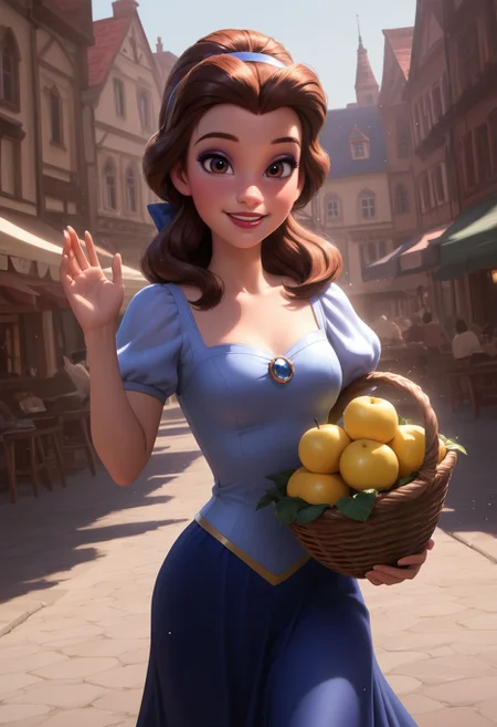Smooth Quality, HDR, beautiful and intricate hair, protruding lips, lipstick, eyeliner, 1girl, belle \(disney\), walking, holding fruit basket, happy, smile, waving, outdoors, french town, looking at viewer, cowboy shot, dynamic angle