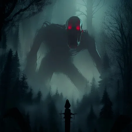 source_anime, source_game, score_9, score_7_up, (CR33P1NGF0G, fog), Scream_(movie), (ghostface), fog, dark, night, haze, 1man, scenery, forest, monster, red eyes, glowing, detailed, the_witcher_3 , detailed background,