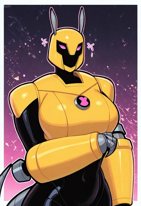 masterpiece, best quality, amazing quality, very aesthetic, absurdres, newest,, detailed background,
armadrillo, robot, claws, yellow armor, grey tail, antennae, pink eyes, big arms, yellow helmet,
upper body, halftone effect, white borders, abstract background:1.2,
welith, curvy, busty, black skin, pose,