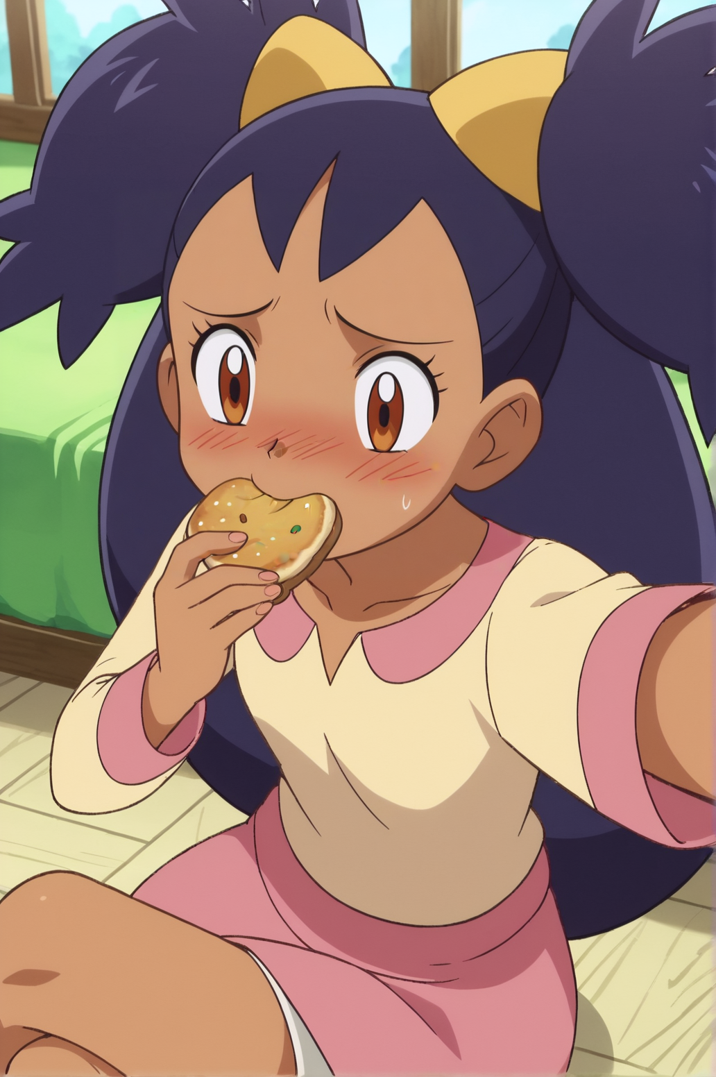 score_9, score_8_up, score_7_up,anime_source, source_anime, best background, detailed background, anime screencap,  Iris, Main outfit, indoors, blush, embarrassed, shy, dynamic angle, dynamic pose, selfie, sitting, crossed legs, eating, <lora:JN_Iris:0.8>