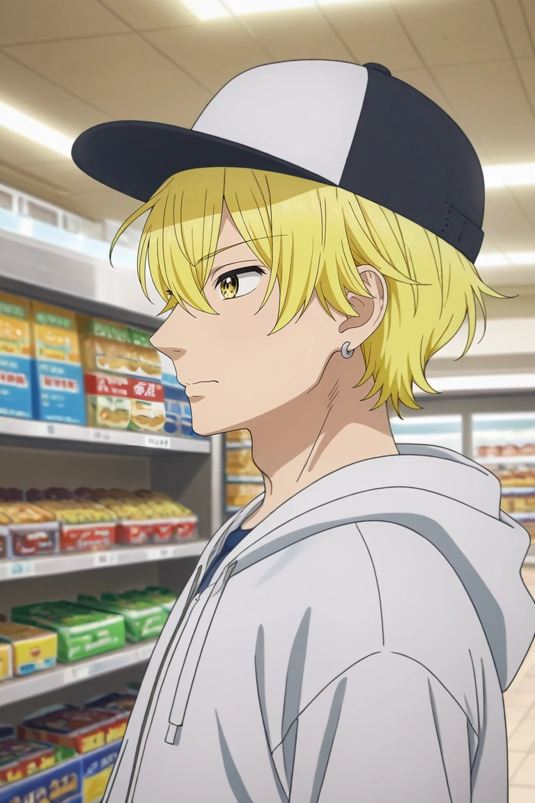 score_9, score_8_up, score_7_up, source_anime, rating_safe, intricate details, anime screencap, , official style, , 1boy, solo, male focus, <lora:kai_miura_pony:0.9>, kai_miura, blonde hair, yellow eyes, short hair, bangs, hair between eyes, , , baseball cap, profile, shopping mall, stores, signs, day, sunny, slouching, wavy mouth, , <lora:sdxl_lightning_8step_lora:1>