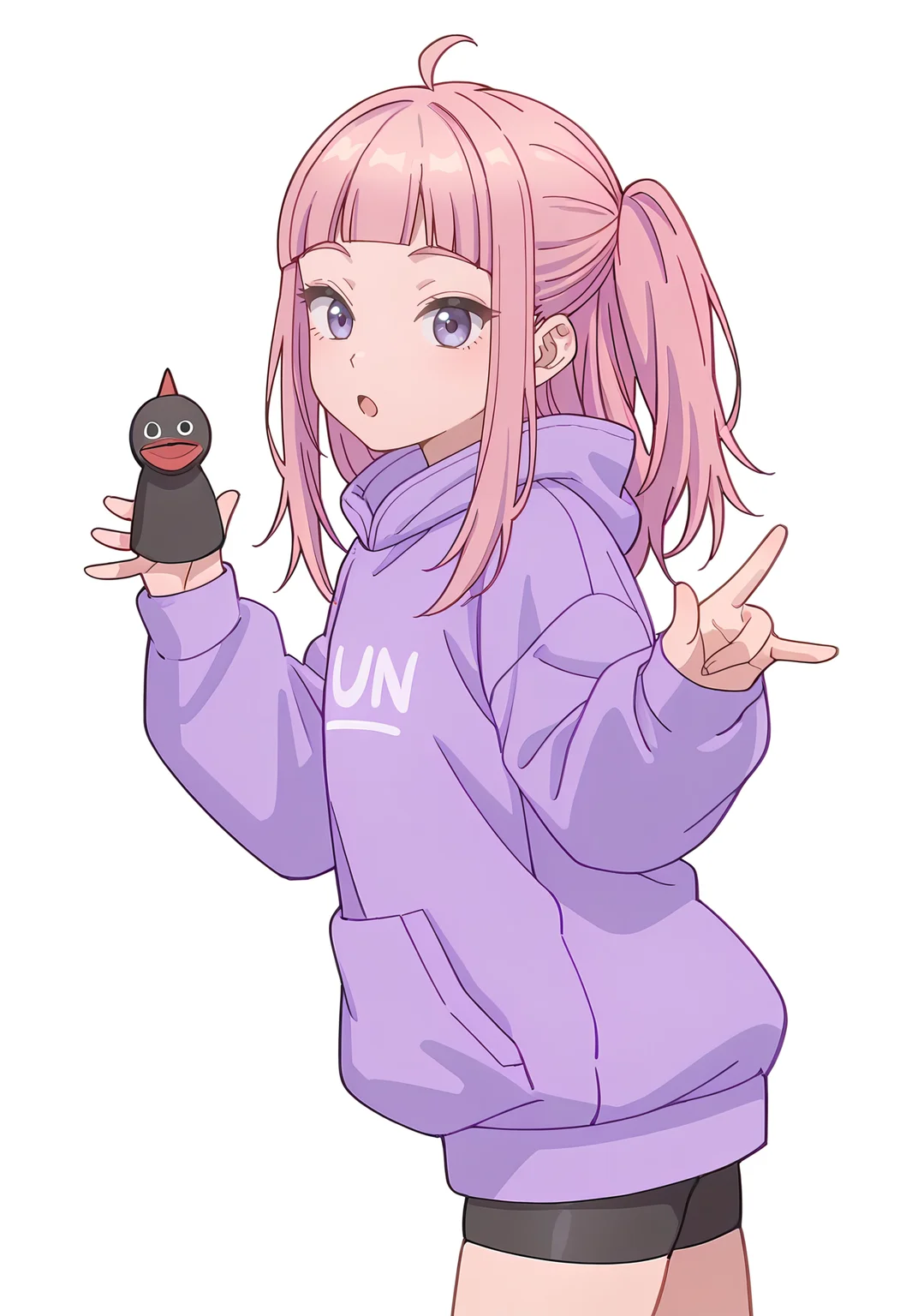 Smooth Quality,masterpiece,beautiful aesthetic, very intricate, high quality details, ultra realistic, high detailed skin,
simple background, white background,
from side,vulcan salute,:o,
bike shorts, ,oversized sweater, ,Finger puppet, <lora:Fuyuki_Momokocnn:0.8> momoko/cnn, pink hair, 1girl, ahoge, purple eyes,petite,
