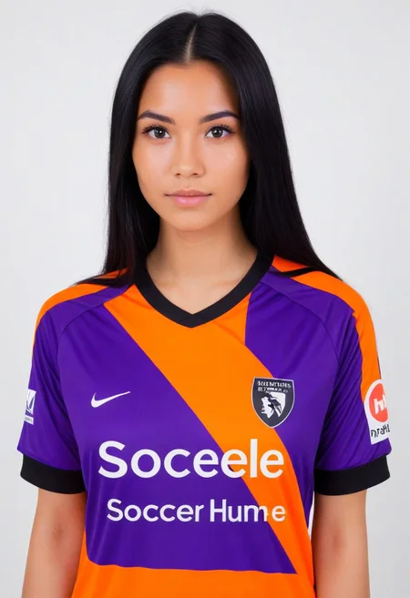 photo of a girl with long black hime cut hair, pretty face, looking at viewer. simple background, white background.
(wearing soccer_jersey, purple theme, orange theme, english text).