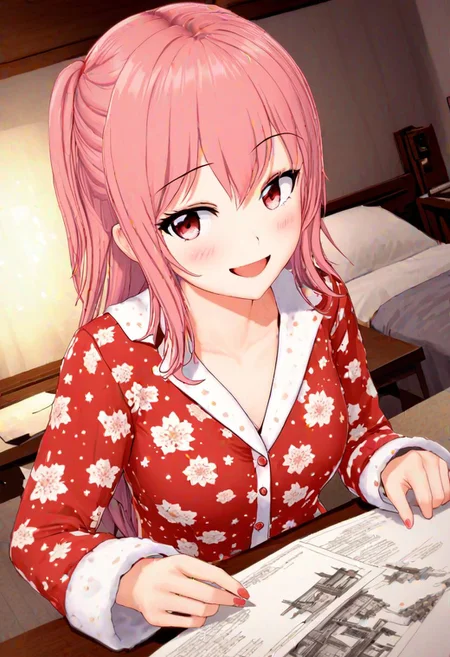 high quality, high detail, 1girl, beautiful girl, joy, happy, laugh, realistic lighting, very detailed drawing, full body,pajamas