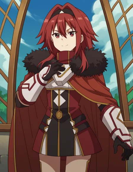score_9, score_8_up, score_7_up, source_anime, <lora:bofuri-mii-s2-ponyxl-lora-nochekaiser:1>, mii, long hair, bangs, red eyes, hair between eyes, sidelocks, red hair, hairband, black hairband,, gloves, black gloves, cape, armor, fur trim, red cape,, museum, art exhibit, paintings, observing, quiet contemplation, cultural experience, smile, , arm bent, leg extended, hand on chest, solo,, cowboy shot, dutch angle
