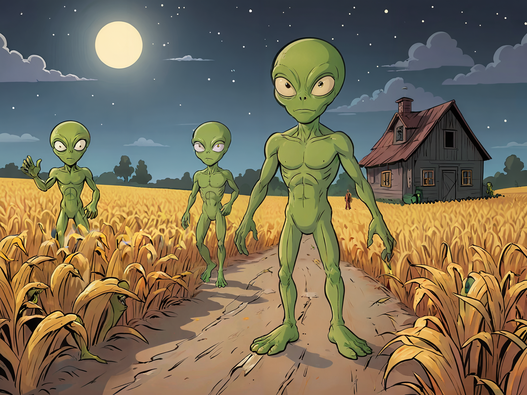 cartoon illustration, nighttime scene, green alien abductors, coming out of the cornfield ,   vivid colors, flat colors    <lora:extremely_detailed:-1> <lora:Cartoon_SDXL_V2-fixed:0.8>cartoon <lora:MJ52:0.2>