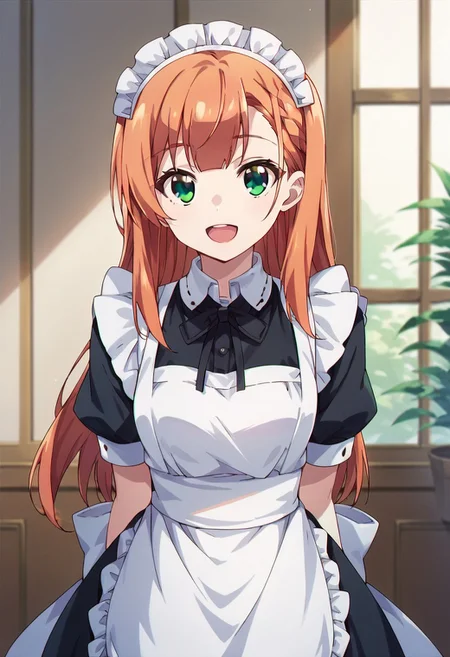 score_9, score_8_up, score_7_up, source_anime,aika natsukawa, long hair, green eyes, orange hair, 1girl, solo, smile, maid headdress, facing viewer, open mouth, apron, short sleeves
