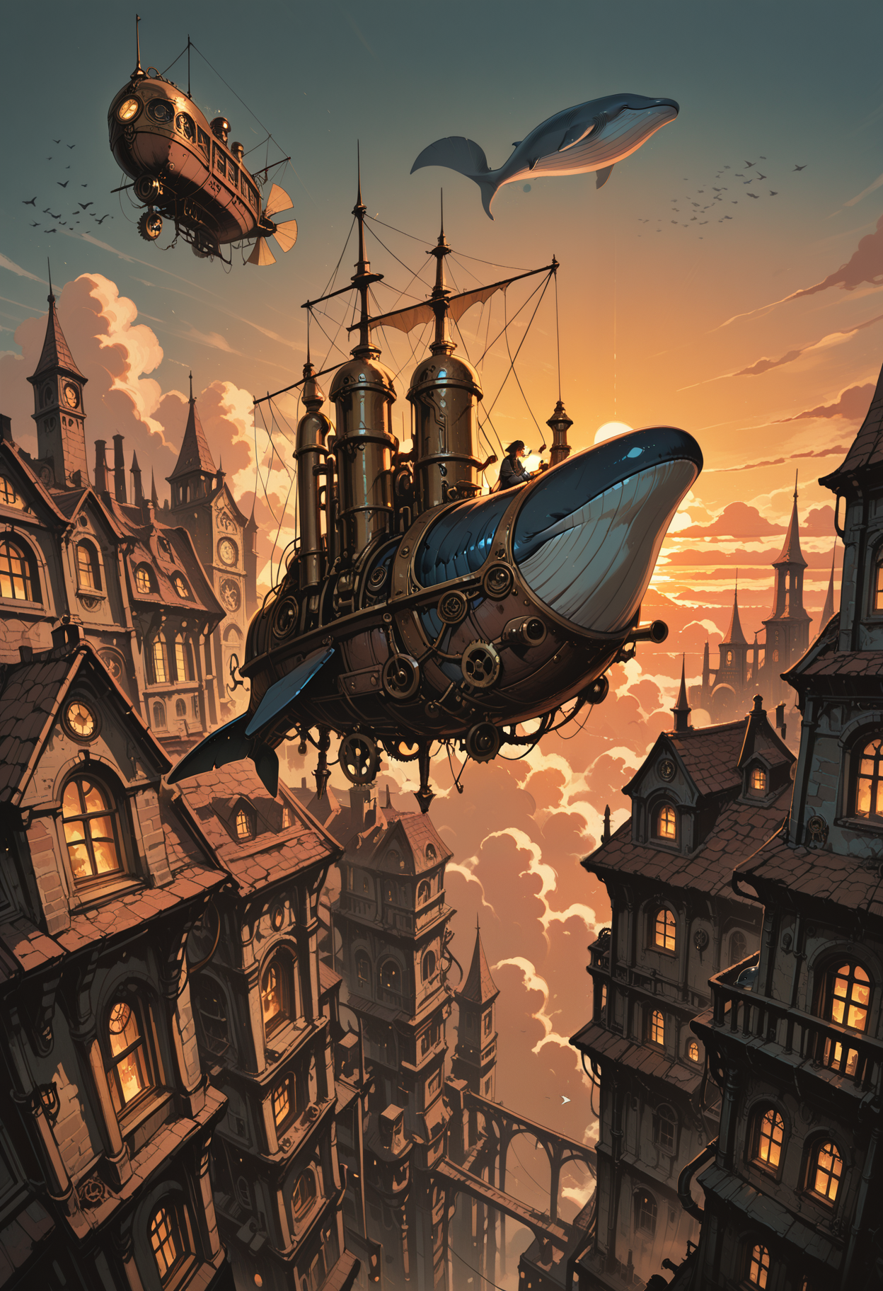embedding:IllusP0s, codex sss chroma
steampunk, mechanical_animal, whale, flying, sky, clouds, city_on_back, victorian_architecture, gears, pipes, smoke, wide_shot sunset, brass_material, glowing_windows, airship_in_distance, detailed_gears, flock_of_birds