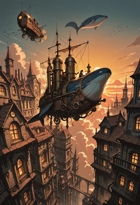 embedding:IllusP0s, codex sss chroma
steampunk, mechanical_animal, whale, flying, sky, clouds, city_on_back, victorian_architecture, gears, pipes, smoke, wide_shot sunset, brass_material, glowing_windows, airship_in_distance, detailed_gears, flock_of_birds