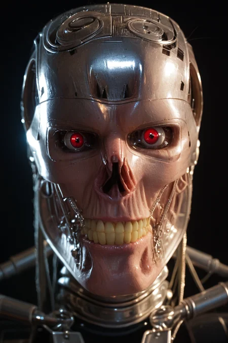 T800_Endo, Terminator robot, score_9, score_8_up, score_7_up, (source_IRL, source_movie), cinematic, realistic, masterpiece, high quality, highres RAW photo, ((extreme close-up, T800_Endo Terminator Robot face focus, close-up shot, close-up head shot, front view, T800_Endo Terminator Robot face only: 1.6))
a T800_Endo Terminator Robot with red eyes, he is made of metal, he is made of shiny chrome metal, new, clean, <lora:T800_Endo_Terminator_Pony-000010:1>
(standing)
black background
dynamic lighting, highly detailed, intricate details