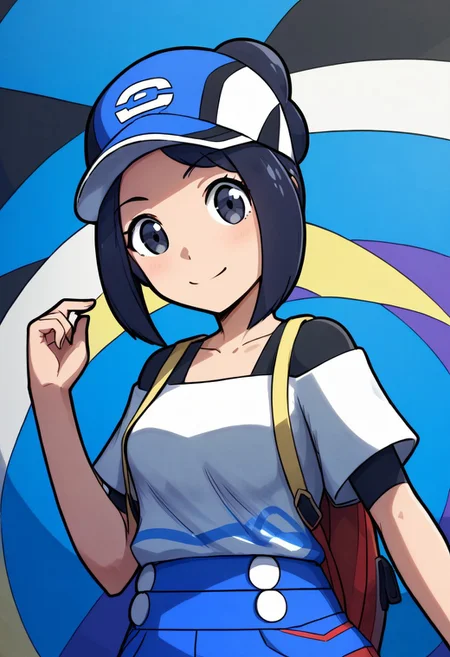 2d, masterpiece, best quality, amazing quality, 1girl, solo, close-up, standing, smile, upper body, leaning_forward, looking at viewer, multicolored background, sparkle, rainbow background, colorful background, pkbettie, black hair, grey eyes, short hair, sidelocks, bangs, single hair bun, baseball cap, blue headwear, white shirt, collarbone, black undershirt, short sleeves, off-shoulder shirt, high-waist shorts, blue shorts, black leggings, leggings under shorts, masterpiece, best quality, amazing quality, highres, absurdres, newest, red backpack