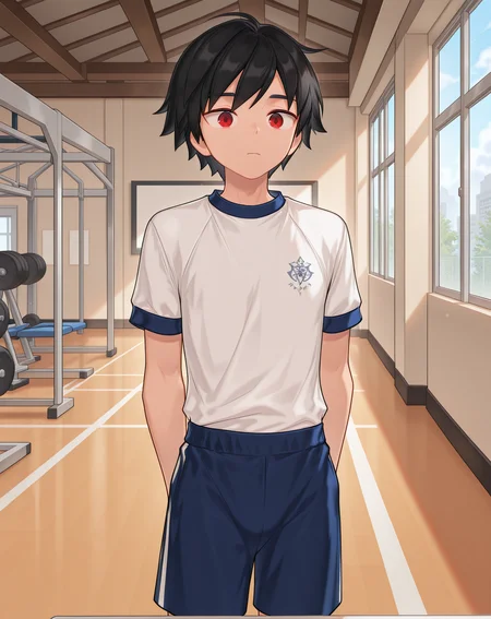 masterpiece,best quality,amazing quality, newest, very aesthetic, absurdres,
1boy, solo, yaoi, male focus, looking at viewer, cowboy shot, standing,
<lora:Solace_Teenage_ilxl:1> solaceteen, red eyes, black hair, short hair,
gym uniform, gym shorts, gym shirt,
indoors, gym,