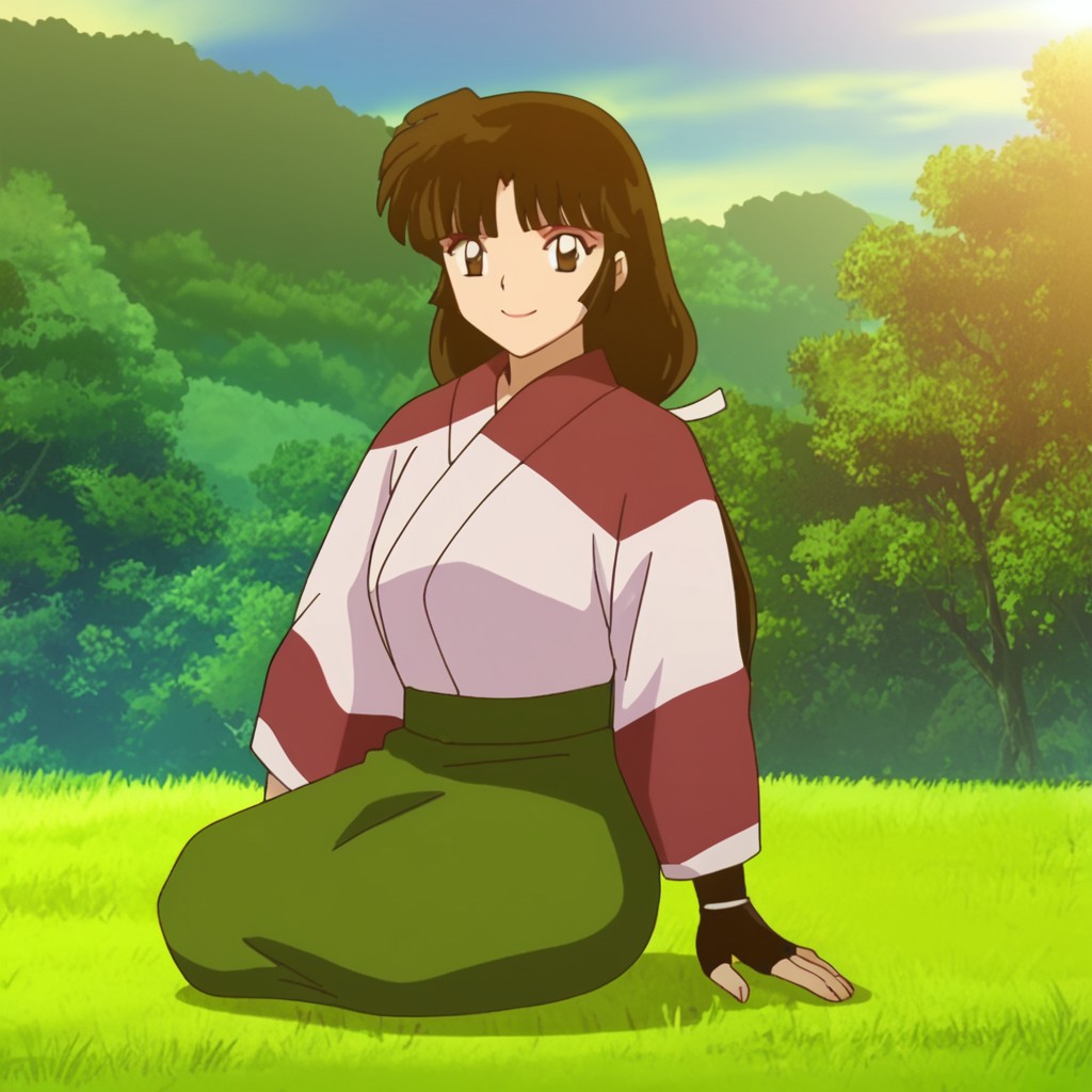 score_9, score_8_up, score_7_up, score_6_up, score_5_up, source_anime, rating_safe, best quality, extremely detailed, highres, perfect detailed, 8k, masterpiece, parody (InuYasha style), absurdres, official art, official style, InuYasha artstyle, anime coloring, retro style, flat shadows, anime screencap
BREAK Sango, 1girl, brown eyes, brown hair, black hair, long hair, low-tied long hair, makeup, bangs, Japanese clothes, kimono, green skirt, skirt, fingerless gloves, gloves, mouth closed, smile, sitting on the ground, kneeling, looking at viewer, straw sandals
BREAK reflective water, shiny light rays, beautiful flower field, forest, trees, blue sky, sky