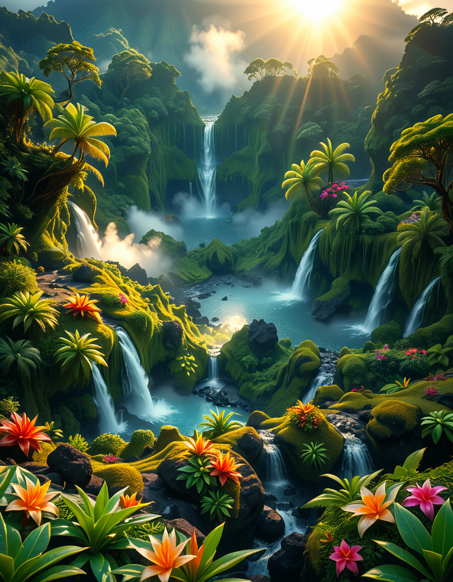 A breathtaking view of an ancient, dormant volcano now transformed into a lush, vibrant natural sanctuary. The crater is filled with dense tropical forests, colorful exotic flowers, cascading waterfalls, and mist swirling gently in the morning light. Vines and moss cover the dark volcanic rocks, and small streams wind down the slopes. while rays of sunlight pierce through the dense canopy, creating sparkling reflections on the water. The atmosphere feels peaceful, enchanted, and untouched by humans. The scene is depicted in an ultra-detailed, hyper-realistic style, with warm, soft lighting and rich, saturated colors that enhance the magical and serene mood of the landscape.
<lora:SDXLFaeTastic2400:0.4> <lora:extremely_detailed:0.4> extremely detailed, <lora:dormant_v0lc4n0:1>,dormant v0lc4n0, Masterpiece,best quality,hi res,8k,hi res,8k,award winning,(sharp focus, intricate, highly detailed),