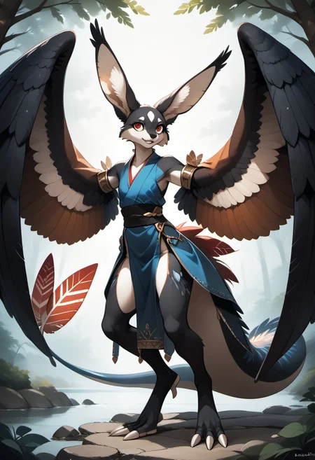 1person, Palagiri, long toes, nimble toes, handfeet, anthro, ((wing arms, large wings, no hands)), feline features, feline nose, large ears, thick tail, long tail, tapering tail, feather tipped tail, digitigrade legs,
3/4 view, perfect tail, perfect wings,
Source: anime, score: 9, score: 8up,