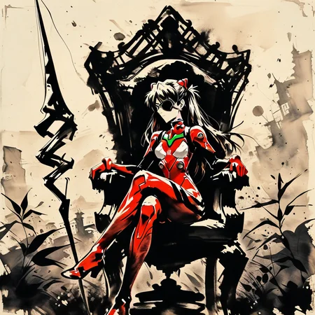 <lora:ink-style_A3.1_XL:1>,(ink-style, ink_wash_painting),(masterpiece,best quality),1girl,souryuu asuka langley,neon genesis evangelion,rebuild of evangelion,lance of longinus,cat hat,plugsuit,pilot suit,red bodysuit,sitting,crossed legs,black eye patch,throne,looking down,from bottom,looking at viewer,outdoors,masterpiece,best quality,very aesthetic,absurdres,