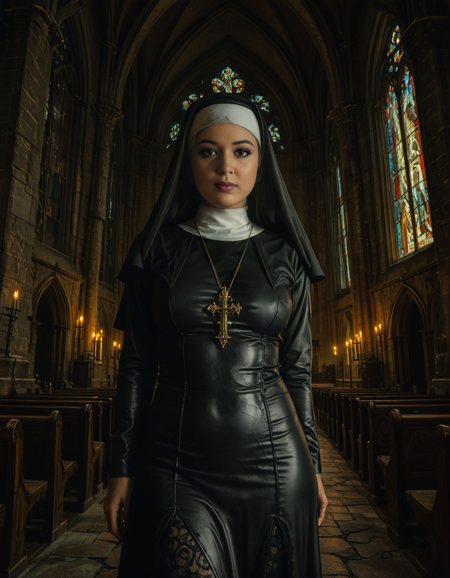 nsfw,focus on a nun,A gothic scene featuring a mysterious woman dressed as a nun in a flowing black latex habit with intricate lace detailing and choker and a red bra, standing solemnly inside of a G0th1c church. The atmosphere is charged with tension as an otherworldly presence seems to loom over the scene, casting eerie red and black shadows on the ancient stone. Other nuns in the background appear uneasy, their movements slow and dreamlike, as if they are being influenced by an unseen dark force. The cathedral's gothic architecture towers above with sharp spires, grotesque gargoyles, and a glowing stained-glass window radiating an unnatural crimson light.<lora:SDXLFaeTastic2400:0.4> <lora:extremely_detailed:0.4> extremely detailed, <lora:G0th1c_church:1>, Masterpiece,best quality,hi res,8k,hi res,8k,award winning,(sharp focus, intricate, highly detailed),
