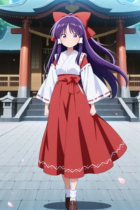 absurdres, highres, masterpiece, best quality, amazing quality, official anime artwork, screencap, anime screencap, outdoors, looking at viewer, dynamic pose, standing,
<lora:Reimu-Hakurei-PC98_Illustrious:1> Reimu98, 1girl, solo, purple eyes, purple hair hair, long hair, sidelocks, small breasts,, hair bow, red bow, hair tubes, white tubes, white shirt, attached ribbon-trimmed sleeves, red skirt, long skirt,
petals, shrine, torii,