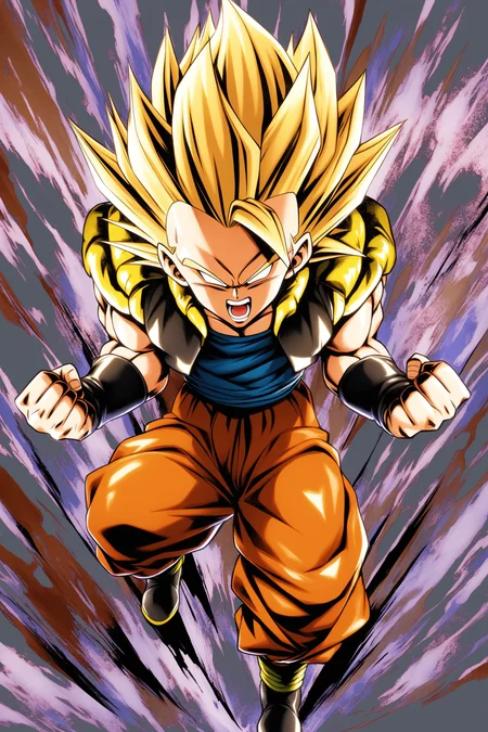 super saiyan,1boy,male focus,solo,blonde hair,metamoran vest,no eyebrows,spiked hair,muscular,full body,open mouth,clenched hands,long hair,transparent background,<lora:Dragon Ball_XL:0.8>,