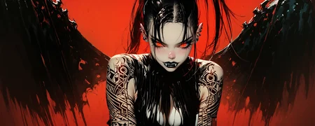 score_9, score_8_up, score_7_up, score_9, score_8_up, score_7_up, rating_explicit, solo, woman with red devilish horns, fangs, ((demon wings:1.2)), (dark skin), skindentation, dark eye shadow, eyeliner, black lipstick, large breast, cleavage, perky breast, (red and black hair), (very long straight haircut, undercut, ponytail), (red glowing eyes), (hourglass body), large ass, thigh gap, Thigh high, arms crossed under boobs, dynamic poses, dance, squeeze boobs, gothic bodysuit, sardonic and menacing, eyes contact, wrap breasts, garter, suspender belt, green fire light ambiance, dark ambiance and infernal background, (cowboy shot:1.2), 43stl1ght1ng, low light, dramatic lighting, darkness, Expressiveh, r3dgl0w, red eyes, red background, black background, sinozick style, flat color, dark theme, deep of field, volumetric lighting, source_realistic, vibrant colors,gthan, gothic, tribal tattoo