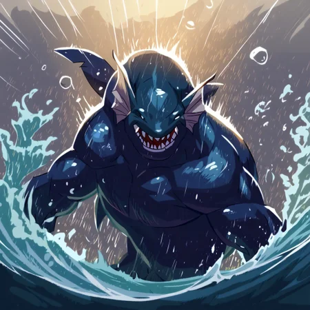 A massive, fearsome cetacean hybrid, combining the features of a whale and a predatory sea creature, surging through the ocean directly toward the camera as if about to attack. Its sleek, muscular body glides through the water with immense speed, creating powerful waves and ripples in its wake. Its large jaws are wide open, showing rows of sharp, menacing teeth, with intense eyes locked onto the viewer. The fins are outstretched, cutting through the water, while the tail propels it forward with force. The scene is dynamic and filled with energy, as bubbles and water spray surround the creature, amplifying the sense of movement and urgency. The ocean is deep and shadowy, illuminated by beams of light cutting through the water, adding depth and drama to the scene. The composition captures the moment just before the cetacean strikes