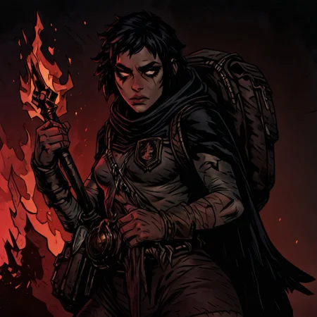 masterpiece, best quality, newest, absurdres, highres,
TTCSV1.0, cherry-gig,
1girl, DDRAW-V1.0, cape, black hair, short hair, small breasts, backpack, rags, weapon, holding weapon, fire,