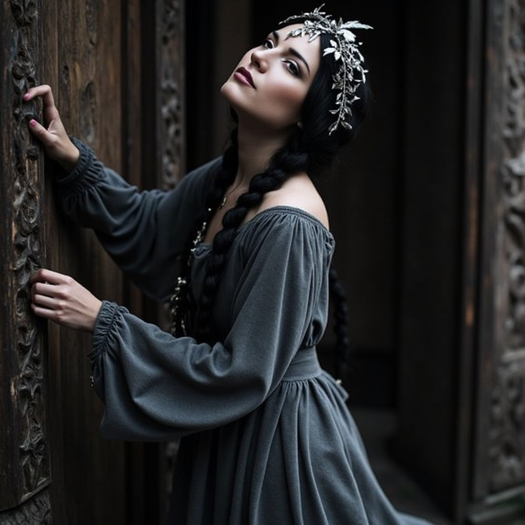 analog film photo Ultra quality, ultra detailed colors and textures, ultra realistic, ultra lighting, cinematic, ethereal atmosphere, ethereal woman, analog photography, analog photo <lora:mysticgoddessv2.10:0.9> mgdssv2, analog 3/4 body portrait of a woman in a long slate-gray velvet dress with flared sleeves, standing near a carved wooden altar, soft moonlight hitting the side of her face and arm, a circlet of silver leaves on her head, long dark hair braided with threads of white silk, eyes focused upward in trance, the air around her dense with atmosphere, shot on Hasselblad 500CM with Ilford HP5, dreamy high-grain monochrome texture, mystical elegance and quiet strength, RAW candid cinema, 16mm, color graded portra 400 film, remarkable color, ultra realistic, textured skin, remarkable detailed pupils, realistic dull skin noise, visible skin detail, skin fuzz, dry skin, shot with cinematic camera . faded film, desaturated, 35mm photo, grainy, vignette, vintage, Kodachrome, Lomography, stained, highly detailed, found footage