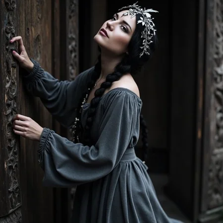 analog film photo Ultra quality, ultra detailed colors and textures, ultra realistic, ultra lighting, cinematic, ethereal atmosphere, ethereal woman, analog photography, analog photo <lora:mysticgoddessv2.10:0.9> mgdssv2, analog 3/4 body portrait of a woman in a long slate-gray velvet dress with flared sleeves, standing near a carved wooden altar, soft moonlight hitting the side of her face and arm, a circlet of silver leaves on her head, long dark hair braided with threads of white silk, eyes focused upward in trance, the air around her dense with atmosphere, shot on Hasselblad 500CM with Ilford HP5, dreamy high-grain monochrome texture, mystical elegance and quiet strength, RAW candid cinema, 16mm, color graded portra 400 film, remarkable color, ultra realistic, textured skin, remarkable detailed pupils, realistic dull skin noise, visible skin detail, skin fuzz, dry skin, shot with cinematic camera . faded film, desaturated, 35mm photo, grainy, vignette, vintage, Kodachrome, Lomography, stained, highly detailed, found footage