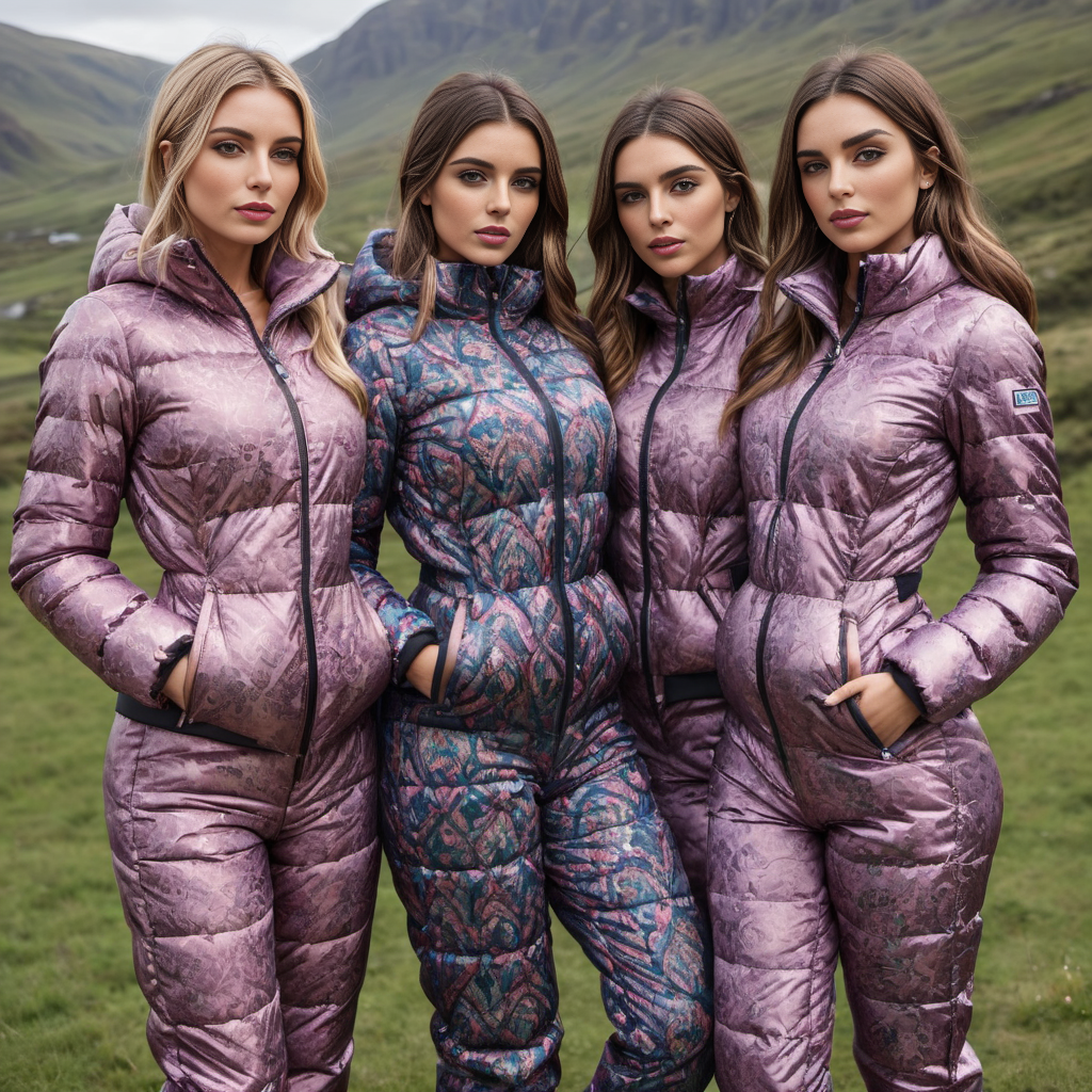 group of british women wearing aSouthwestern prints    downsuit puffer_downsuit , hyperdetailed photography,4k textures,intricate details,4k resolution,  <lora:puffer_downsuit_v1:0.8>