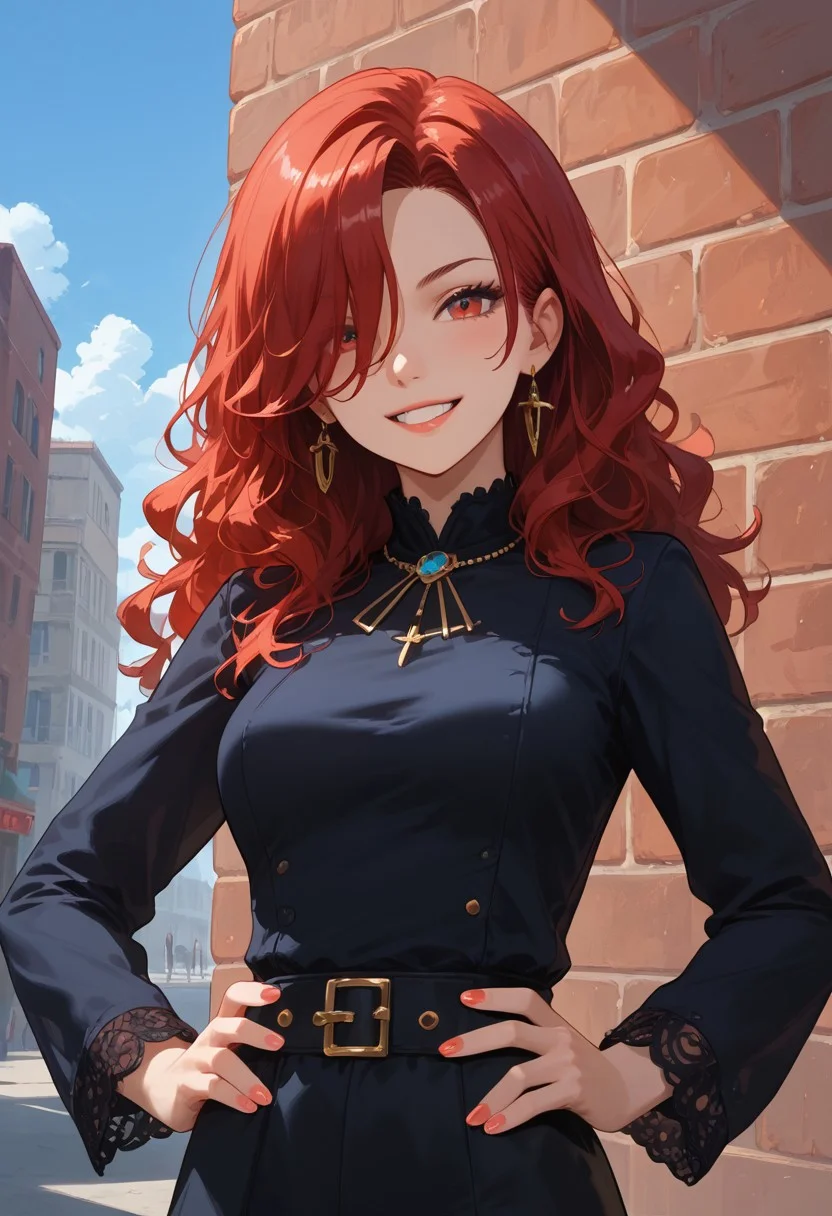 score_9, score_8_up, score_7_up, score_6_up,
Girl, perfect face, standing in front of a brick wall, hands on hips, fashionable outfit, illustration, masterpiece, (extremely detailed CG 8k), (very fine 8K CG),(1girl:1.2), (red hair), medium hair, wavy hair, hair above one eye, sparkling, red eyes, medium breasts, smiling, looking in sky, upper body.