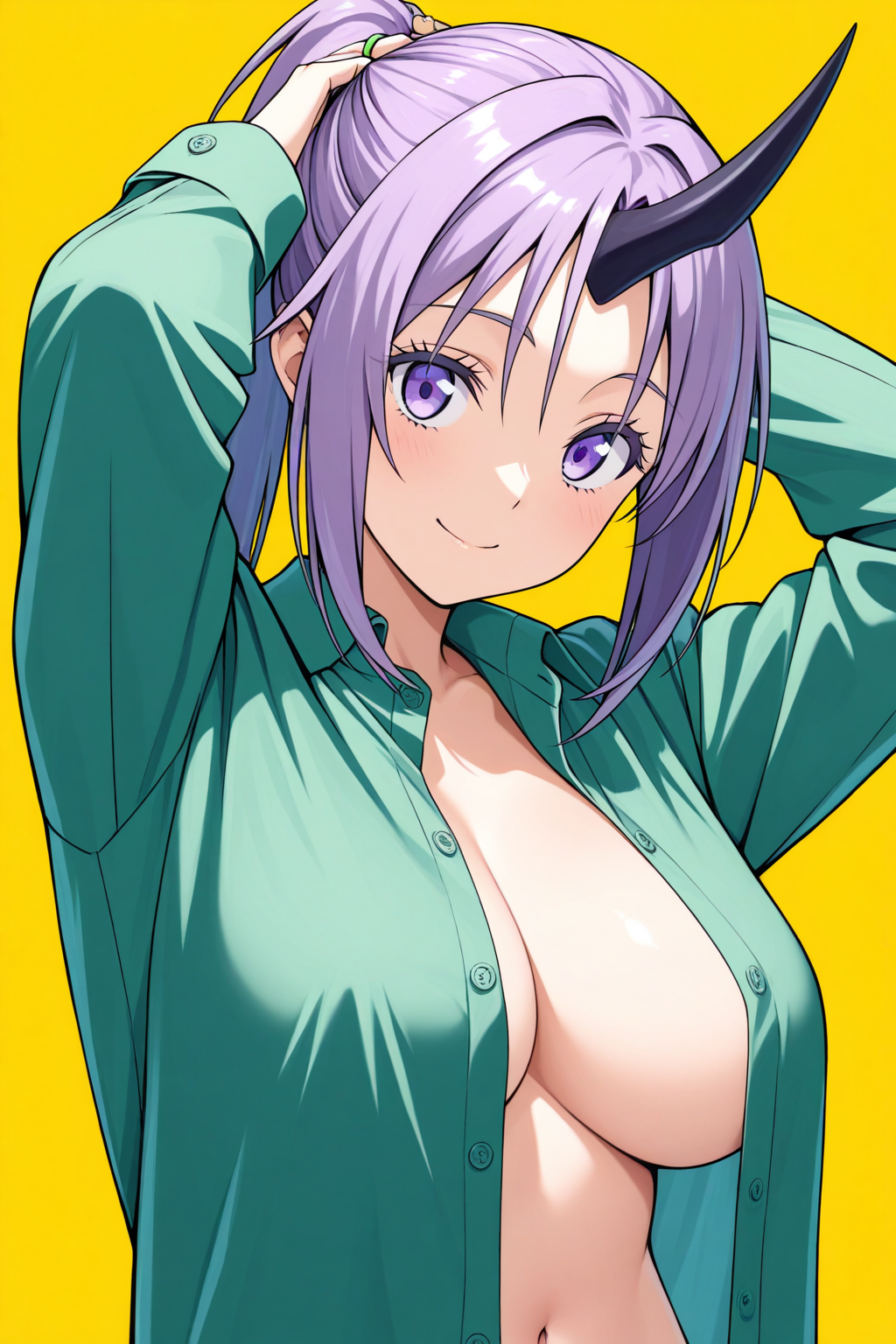 shion \(tensura\), tensei shitara slime datta ken, 1girl, black horns, breasts, cleavage, closed mouth, green shirt, hair tie, horns, large breasts, long hair, long sleeves, looking at viewer, naked shirt, navel, no bra, oni, oni horns, open clothes, open shirt, parted bangs, ponytail, purple eyes, purple hair, shirt, simple background, single horn, smile, solo, tying hair, unbuttoned, unbuttoned shirt, upper body, yellow background, masterpiece, best quality, amazing quality, very aesthetic, absurdres