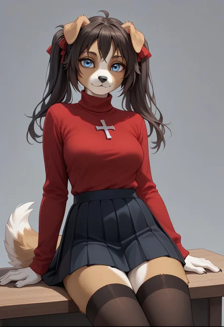 score_9, score_8_up, score_7_up, realistic style, symphtia-style, furry, anthro border collie girl, long brown hair, blue eyes, light brown fur, floppy ears, medium breasts, white belly fur, red turtleneck, pleated black skirt, stockings, twin tails, thin silver cross icon on shirt, black hair ribbons, adult,
