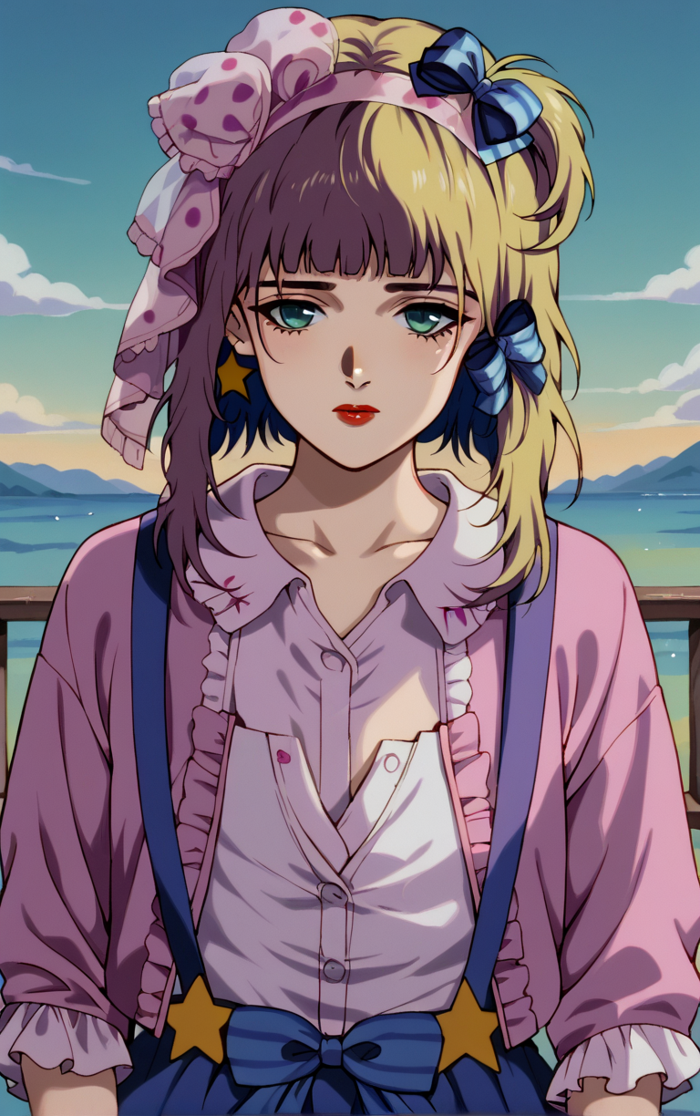 score_9, score_8_up, score_7_up, looking at viewer,  BREAK
ANIME_PresenceDoll_RobotCarnival_ownwaifu, 
1girl, green eyes, makeup, messy hair, blonde hair, hair bow, long hair, jewelry, bangs, blue bow, bow, ribbon, collarbone, star earrings, earrings, lipstick, nail polish, hair ornament, hair ribbon, brown hair, multicolored hair, red lips, blunt bangs, two-tone hair
purple dress, frilled dress, dress, doll, horror \(theme\), sad, long sleeves, frills, star (symbol), shirt, striped, veil, polka dot, white shirt, suspenders, pink shirt, collared shirt, blue skirt, star print, frilled shirt collar, frilled sleeves, shirt tucked in, pink headwear, open clothes, 
(contrapposto, hand on hip), sunset, sidelighting, cityscape, outdoors, <lora:PONYXL_PresenceDoll_RobotCarnival_ownwaifu:1> , depth of field, solo,