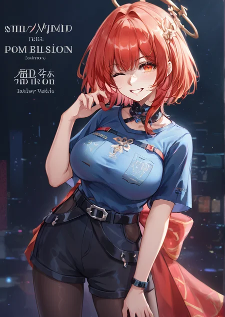 1girl, exusiai (arknights), huge breast, alternate costume, belt, black belt, black pantyhose, blue shirt, character name, chinese text, feet out of frame, grin, halo, holding, looking at viewer, one eye closed, pantyhose, red eyes, red hair, shirt, short hair, shorts, smile, solo, standing,  zPDXL3   <lora:Mihan:0.9>