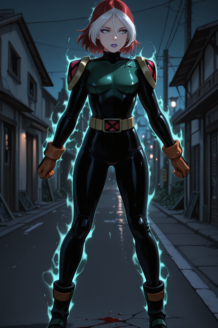 <lora:xmenev-rogue:0.8> bodysuit, shoulder pads, belt, gloves, high boots, outdoors, street, 1 girl, solo, standing, looking away, xroguex, dyed bangs, white hair, red hair, hair between eyes, gray eyes, makeup, purple lips, death aura, pressure, night, street light, cracked asphalt, destroyed houses, blood <lora:illustriousXL_stabilizer_v1.23:0.4> <lora:NOOB_vp1_detailer_by_volnovik_v1:0.75> Smooth Quality <lora:yakumo_alchemy_style:1>, masterpiece, best quality, amazing quality,