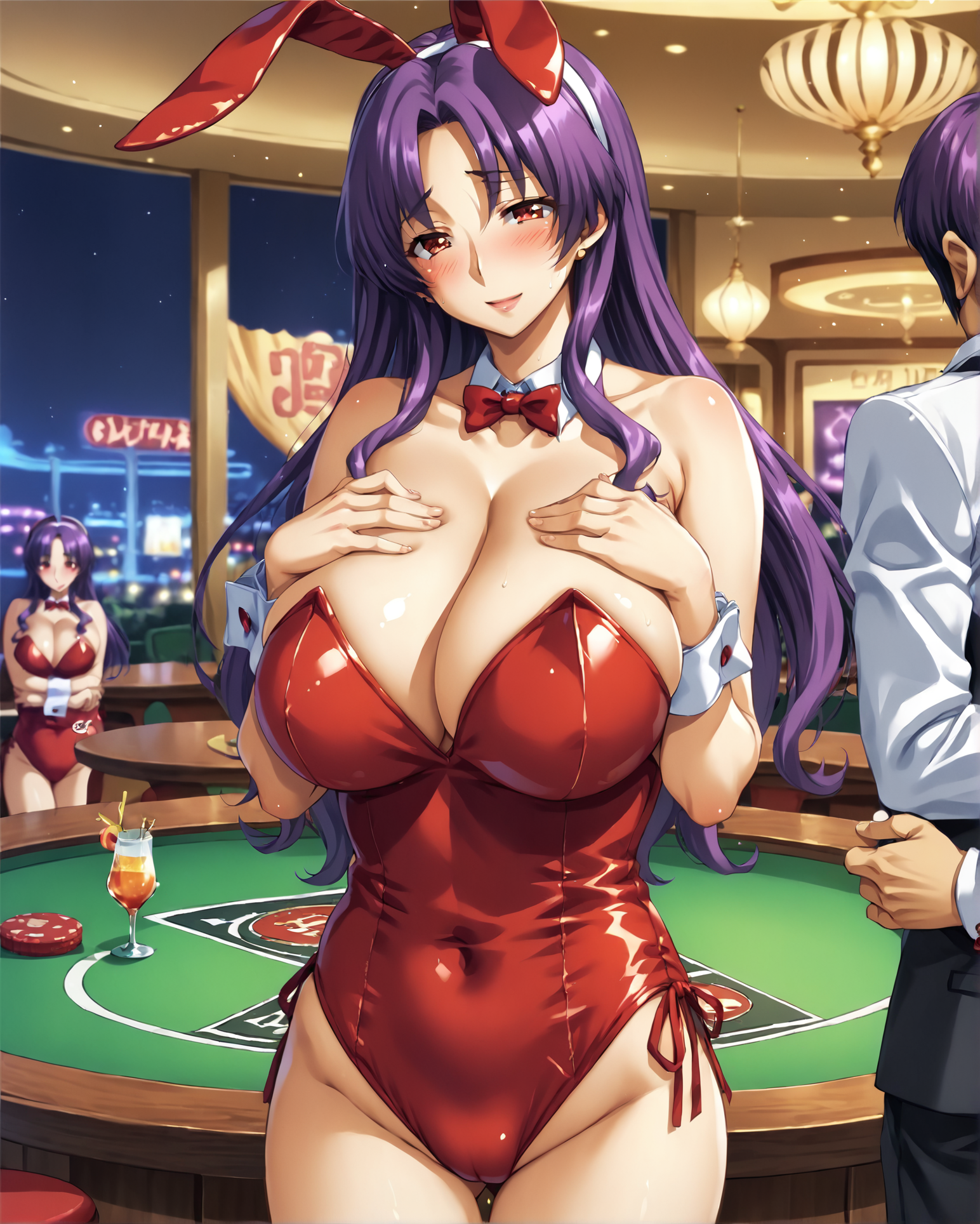 score_9, score_8_up, score_7_up, source_anime BREAK cowboy shot, hetero, indoors, casino, 1girl, solo focus, female focus, mature female, curvy, long hair, purple hair, parted bangs, sidelocks, red eyes, looking at viewer, blush, smile, breasts, cleavage, collarbone, neckless, standing, alcohol, cocktail, leotard, fake bunny ears, playboy bunny cosplay, hairband, playboy bunny, side tie, hands on own chest, <lora:Anju_Matsuura_Kutsujoku_for_Pony:1>, rating_questionable